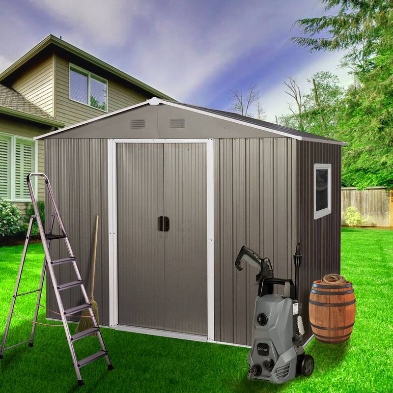 Rust-resistant Metal Garden Shed with Sliding Lockable Door Outdoor Storage Shed Tool Shed, Water-proof, Punched Vents - Grey