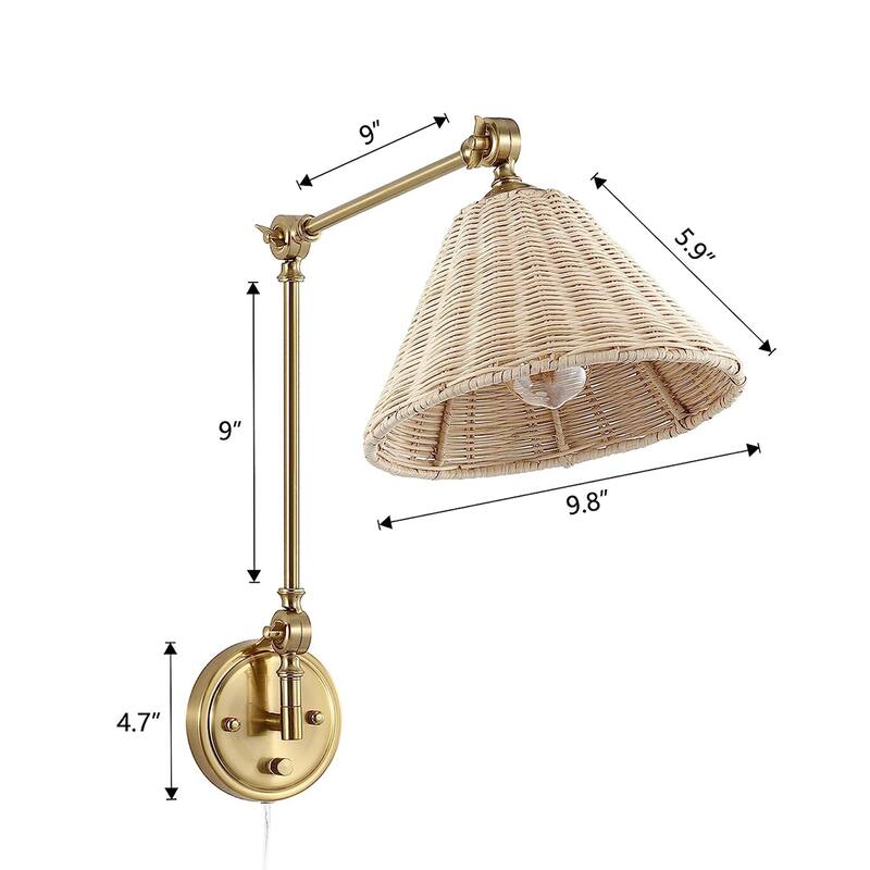 WINGBO Adjustable Swing Arm Wall Sconce with Neutral Beige Rattan Shades