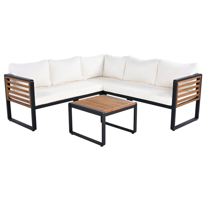 4 Pieces Outdoor Patio Conservation Set, Metal and Wood Frame Sectional L-shaped Sofa with Soft Cushion and a Coffee Tab