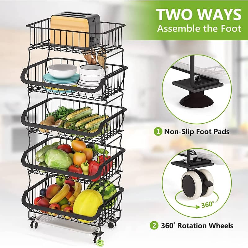 3 Tier Stackable Metal Wire Fruit Basket Cart for Kitchen, Pantry
