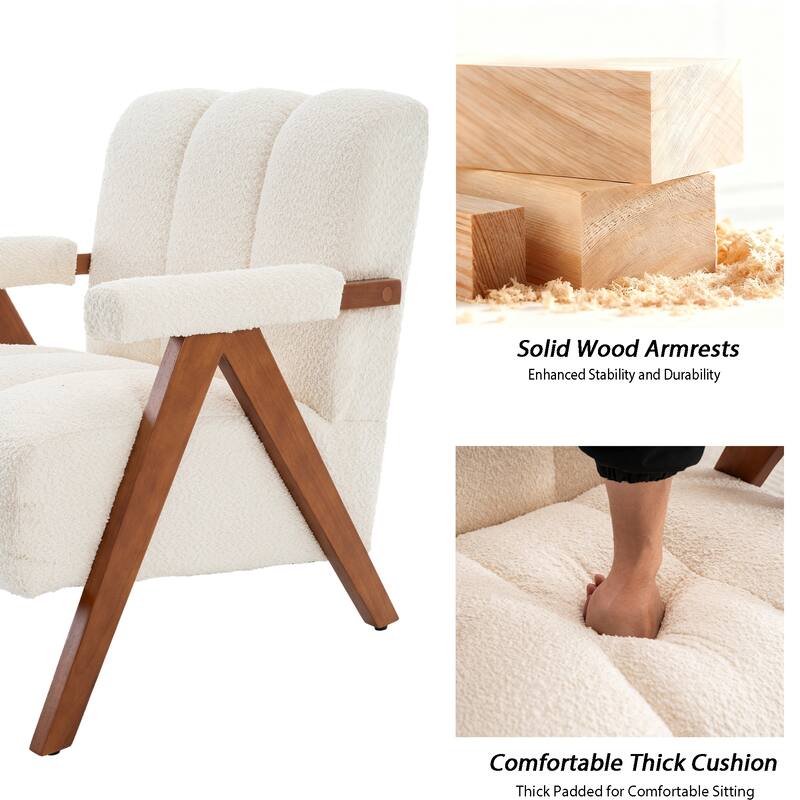 Mid Century Modern Accent Chair, Chenille Armchair with Solid Wood Legs, Channel Tufted Comfy Reading Chair for Living Room