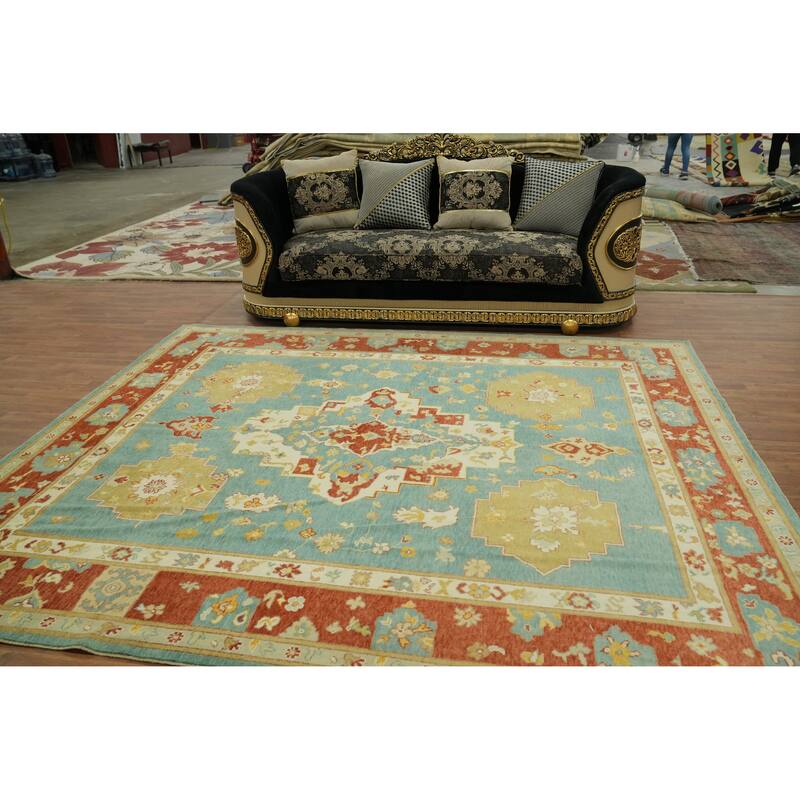 Handmade Blue Oushak Vegetable Dye Area Rug, Medallion Geometric Carpet - 9' 11'' X 8' 5''