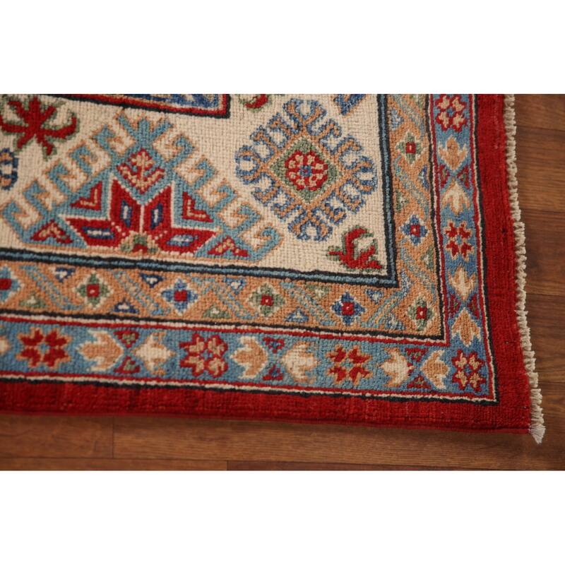 Geometric Red Kazak Area Rug Hand-Knotted Wool Carpet - 6'5" x 9'10"