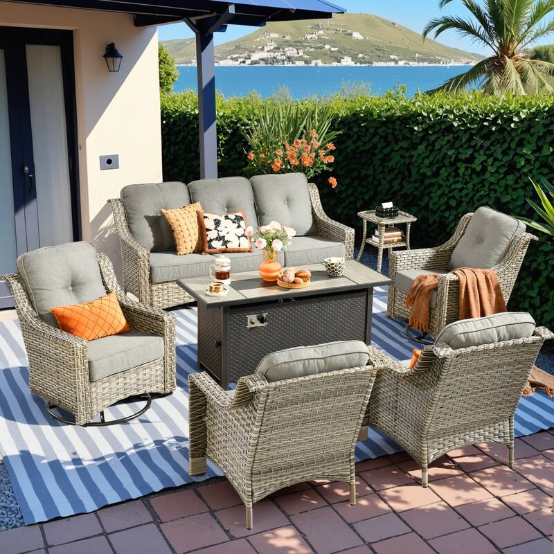 HOOOWOOO 7-piece Wicker Rattan Outdoor High Back Conversation Set with 54" Fire Pit - Dark Grey