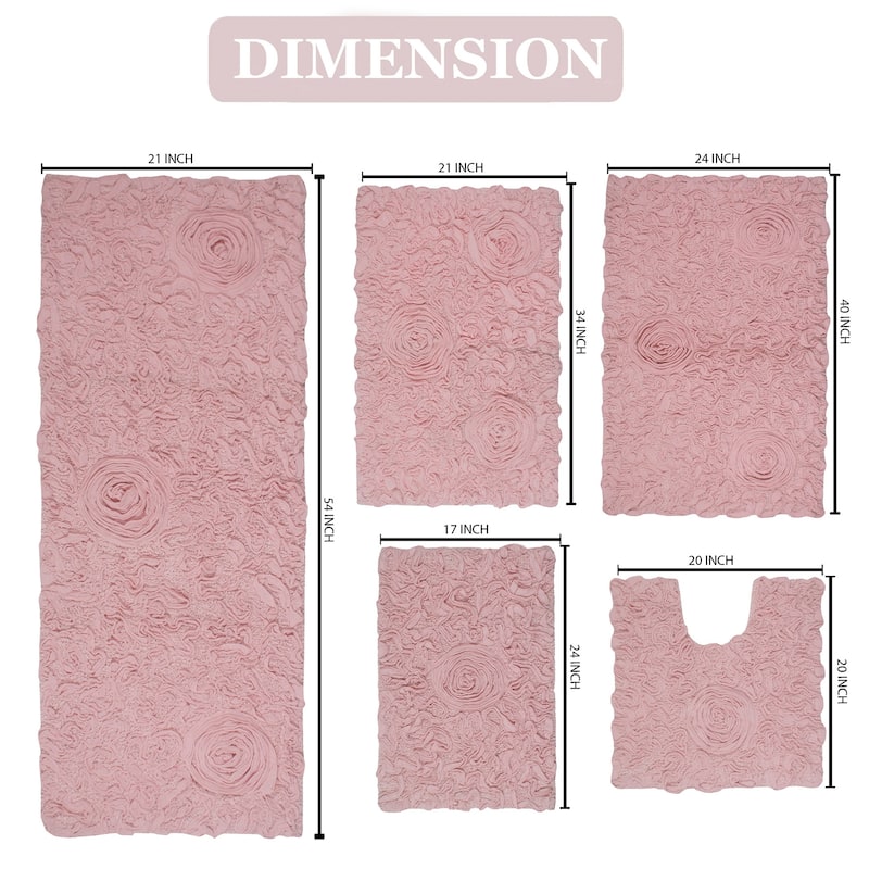 Bell Flower Collection 100% Cotton Non-Slip Bathroom Rug Set, Machine Washable Bath Rug, 5 Piece Bath Mat Set with Runner