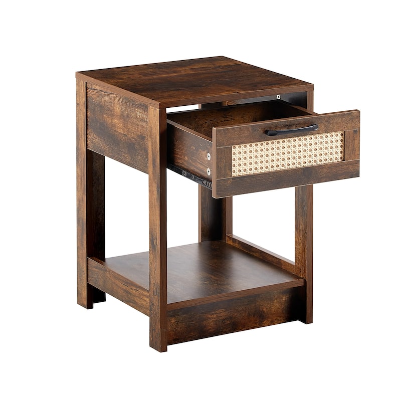 15.75" Rattan End black table with drawer, Modern nightstand, side table for living roon, bedroom,natura