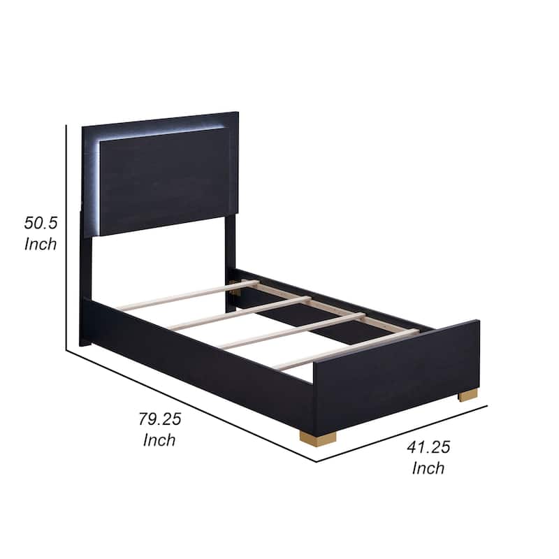 Dex Twin Size Bed with LED Framed Headboard, Black Wood Finish, Gold Legs