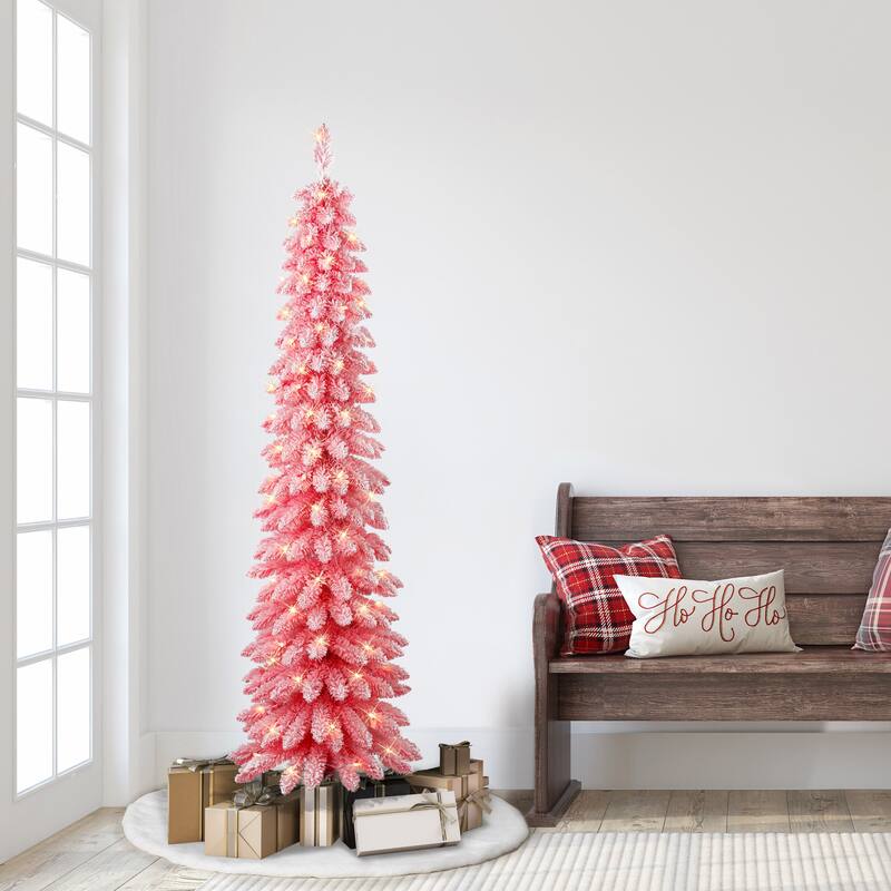 Puleo International 6 ft. Pre-Lit Flocked Pink Artificial Alpine Pencil Tree