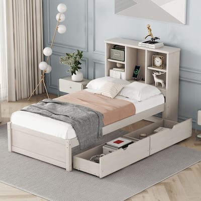 Modern Twin Size Bed Frame with Built-in USB Port on Bookcase Headboard and 2 Drawers