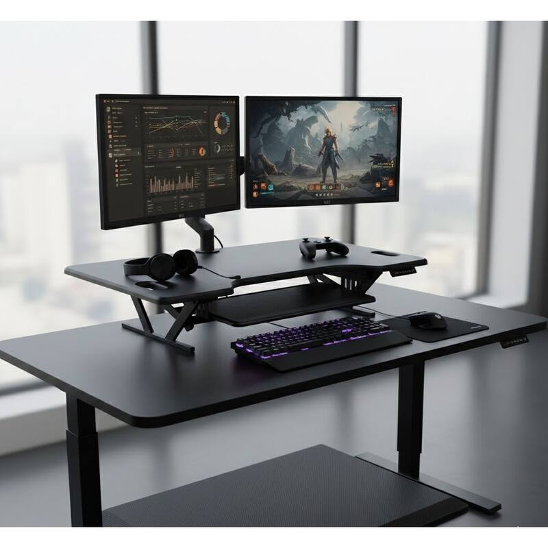 Rocelco 46 in. W Black Height Adjustable Standing Desk Converter with AC USB Charger, Anti Fatigue Mat and Triple Screen Riser