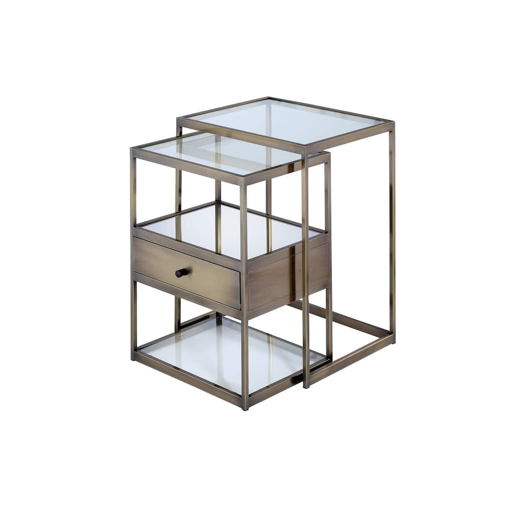 Metal and Glass 2 Piece Nesting Table Set, Brown and Clear - 26 H x 15 W x 18 L Inches