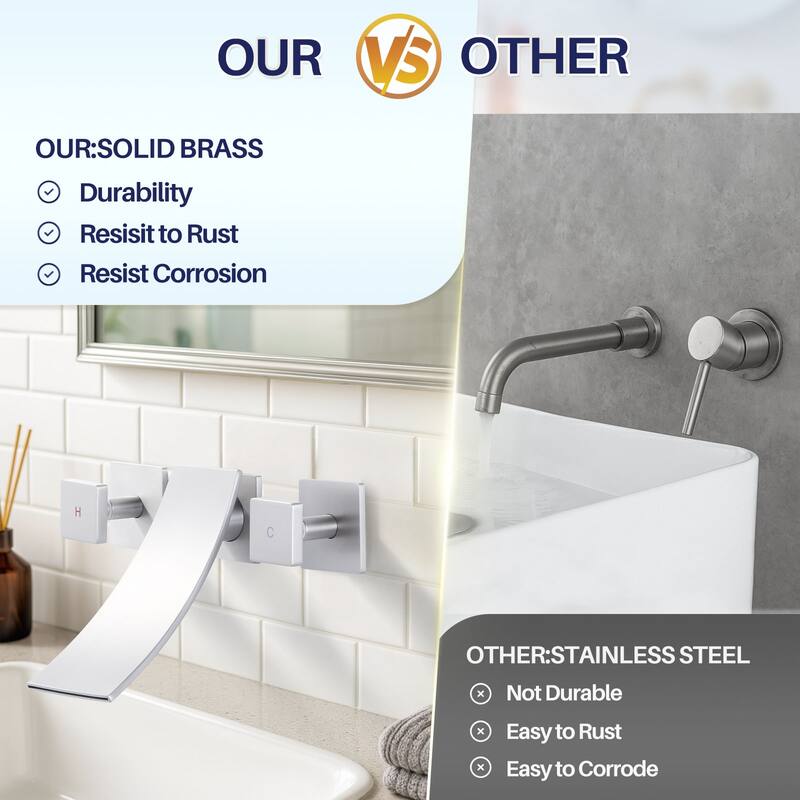 WOWOW Double Handle Wall Mounted WaterFall Bathroom Faucet