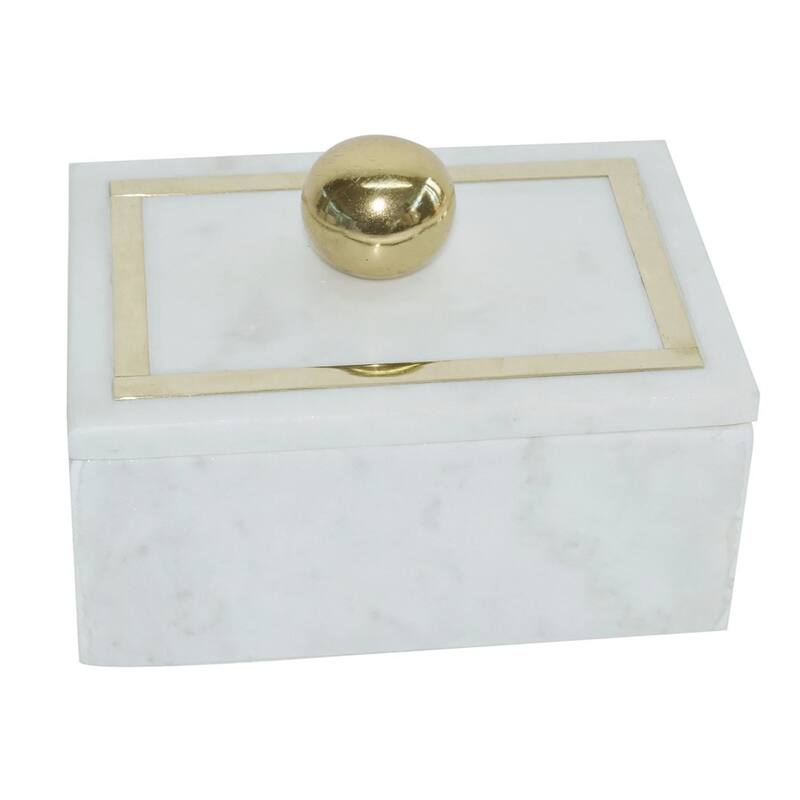 Rectangular Marble Decorative Box with Knob - 7" - White
