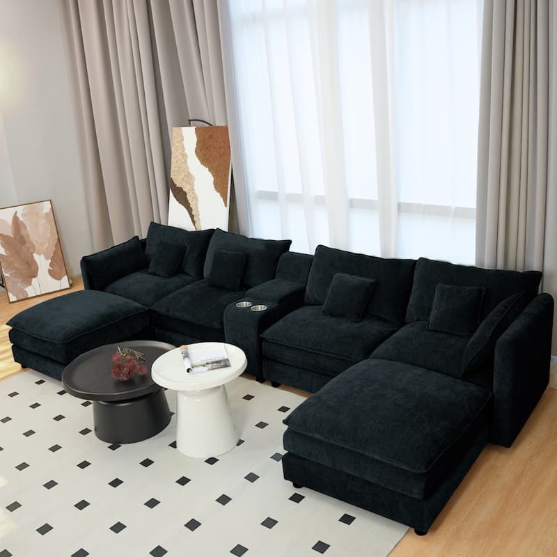 144" Modular 6-Seat U-Shaped Sectional Sofa with Movable Ottoman and Console, Cup Holders