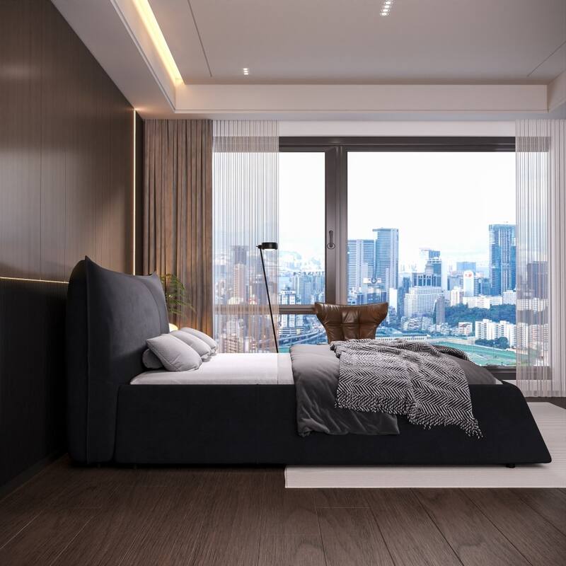 Queen Size Upholstered Platform Bed with Special Shaped Velvet Headboard