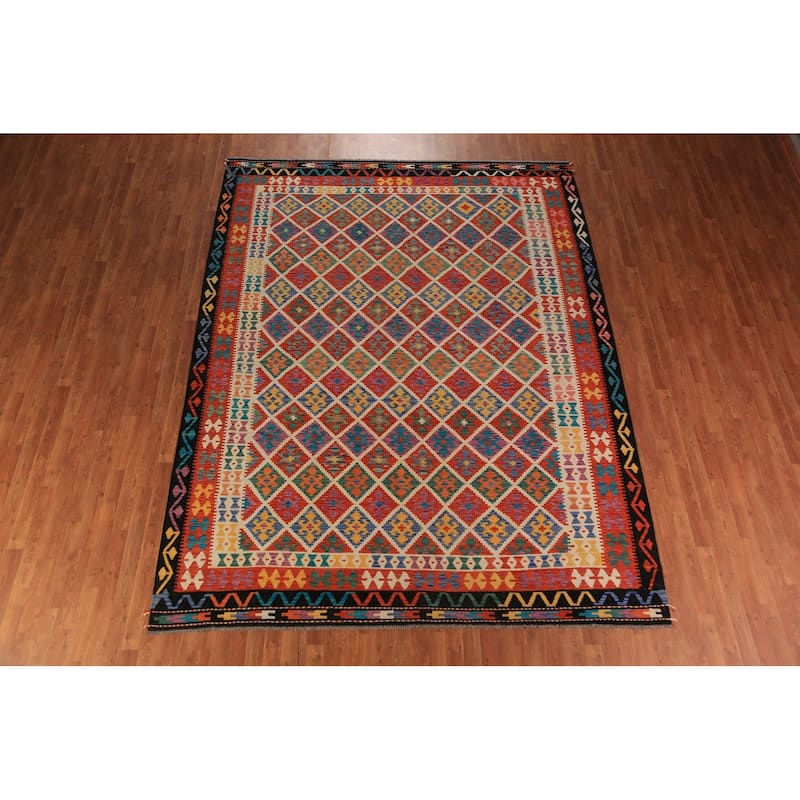 Geometric Trellis Kilim Area Rug Handmade Wool Carpet - 8'8"x 11'4"