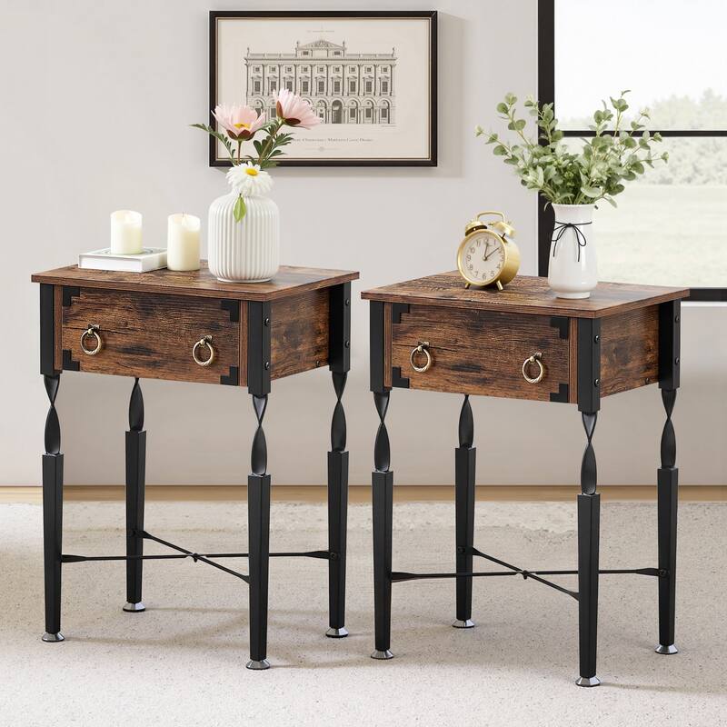 VECELO Nightstand Set of 2 with Wooden Storage Drawer Square Modern Bedside End Tables for Bedroom Living Room - Brown