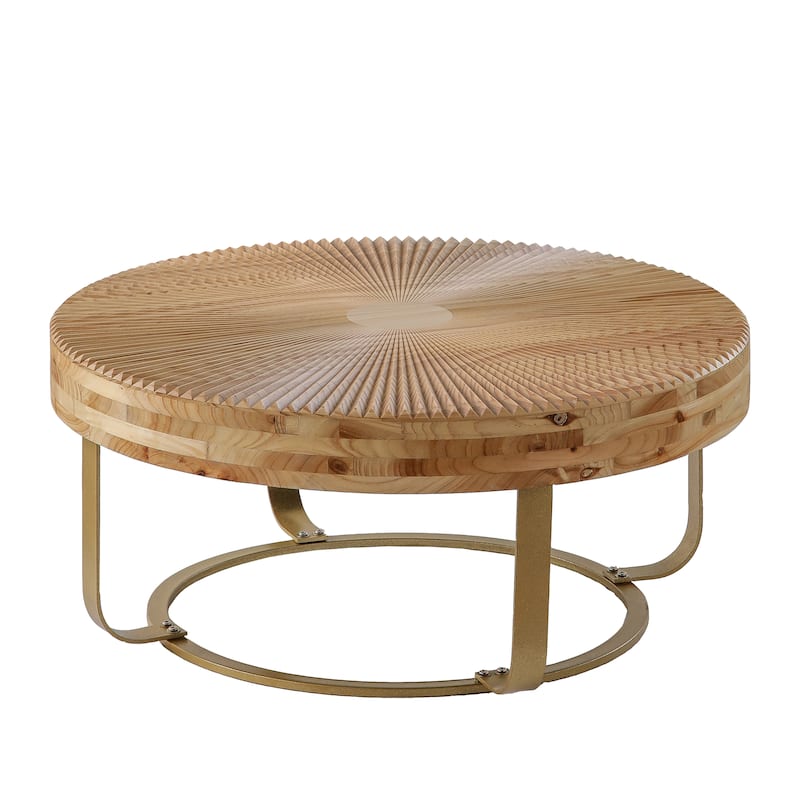 GDFStudio Calvion Round Pine Wood Coffee Table with Steel Frame and Carving Pattern