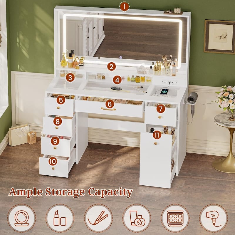 Vanity Desk with Mirror and Lights Power Outlet Drawers 3 Light Modes
