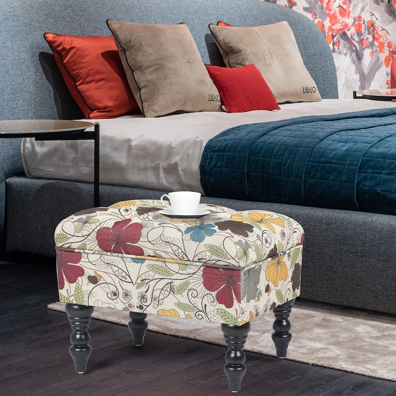 Adeco Ottoman Stool Tufted Foot Rest Fabric Floral Vanity Stool