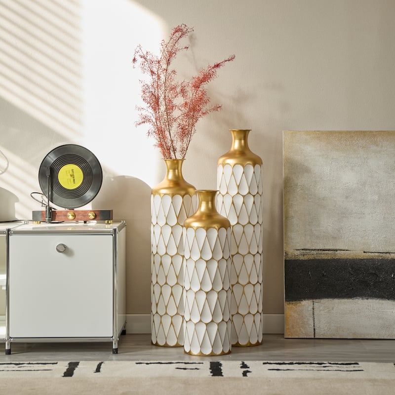 Floor Metal Vase Modern Style Droplet Shaped White Metal Vase 3-Piece Set Gorgeous Home Decoration Large Glazed Metal Vase