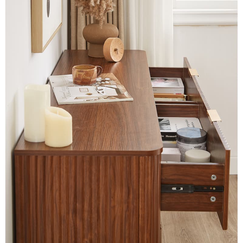 Anmytek 6 Drawer Dresser TV Stand 55 Inch Wide Modern Curved Wave Design Wood Dresser Organizer Walnut Finish