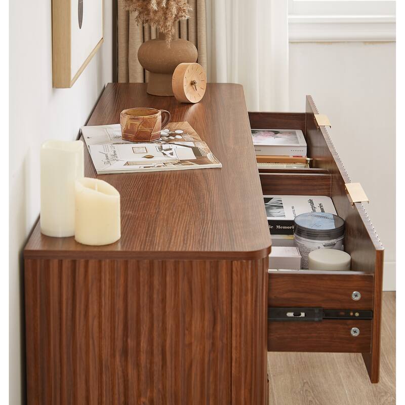 Fluted Dresser with 6 Drawers, Curved Wooden Storage Dressers TV Stand, Multi-functional Closet Clothes Storage Organizer