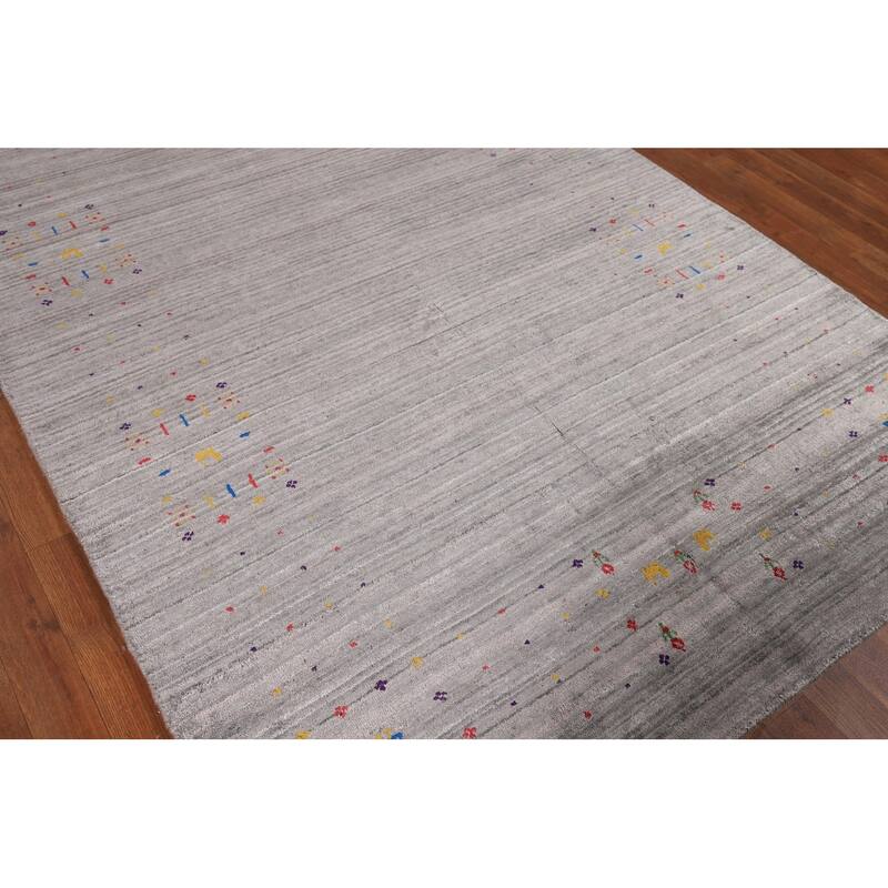 Gray & Green Striped Gabbeh Oriental Area Rug Handmade Silk Carpet - 5'2" x 7'10"