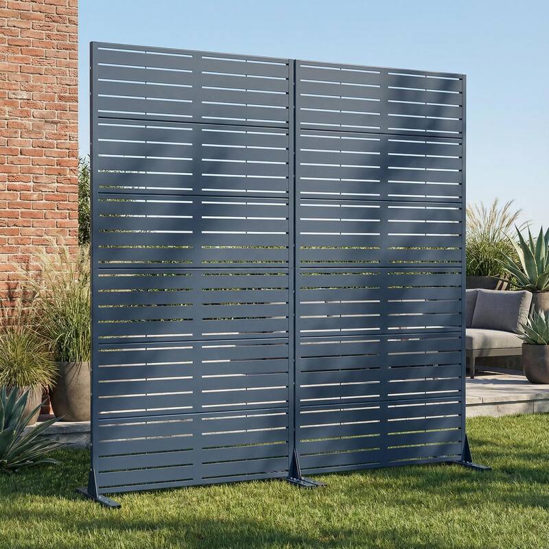 Outdoor Privacy Screen with Stand for Patio Garden Metal Fence Set of 2 - Blue - 72"x35"