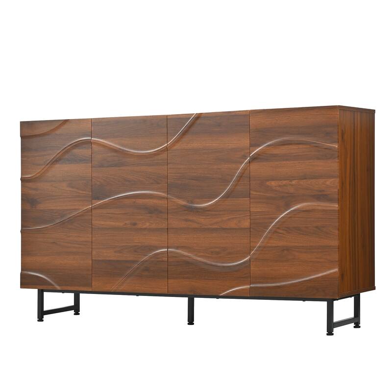 Anmytek Modern Wave Relief Solid Wood Sideboard, Walnut Texture, 59 Inch Storage Cabinet with Iron Legs for Living Room