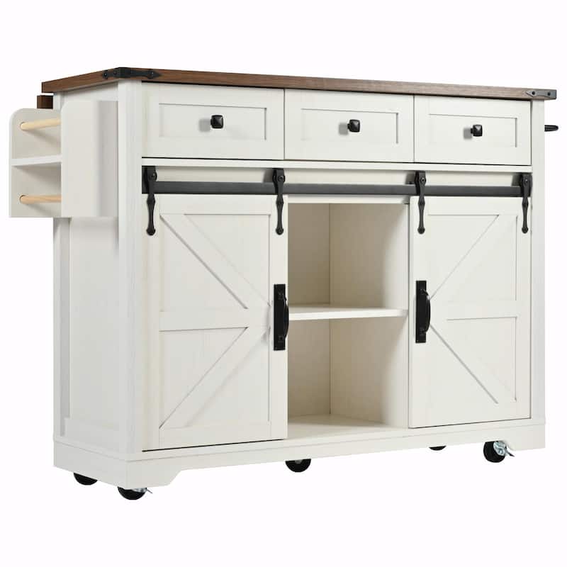 53.5'' Farmhouse Kitchen Island with Power Outlet, Drop Leaf, Spice Rack, Drawer, and Wheels