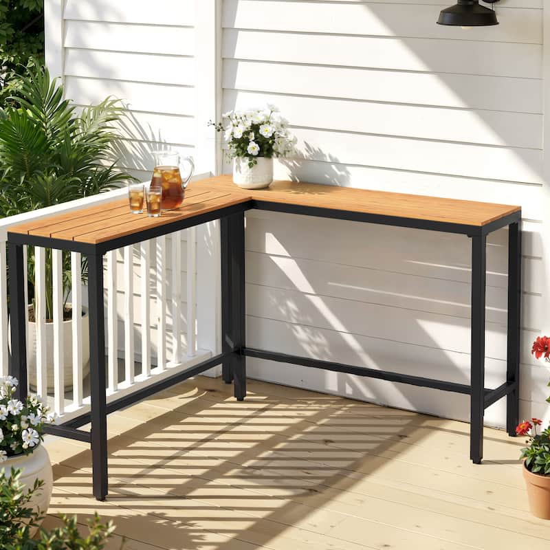 Pellebant Patio Outdoor Bar Table Rectangle Pub Table Dining Table - L-Shaped-Brown-55.1in