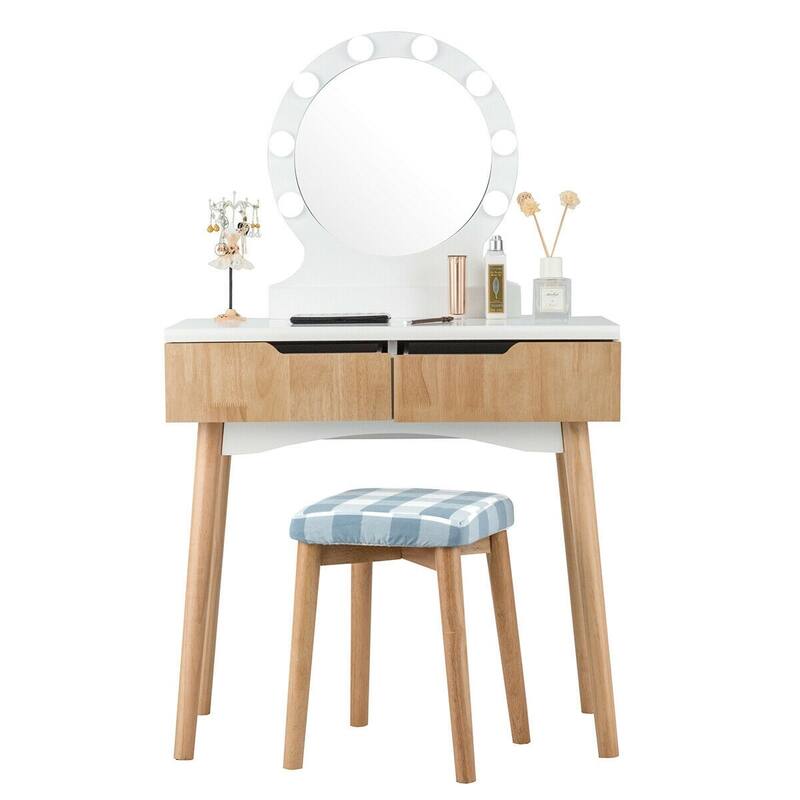 Dressing Table with Large Round Mirror and 8 Light Bulbs for Bedroom - 31.5" x 16" x 52" (L x W x H)