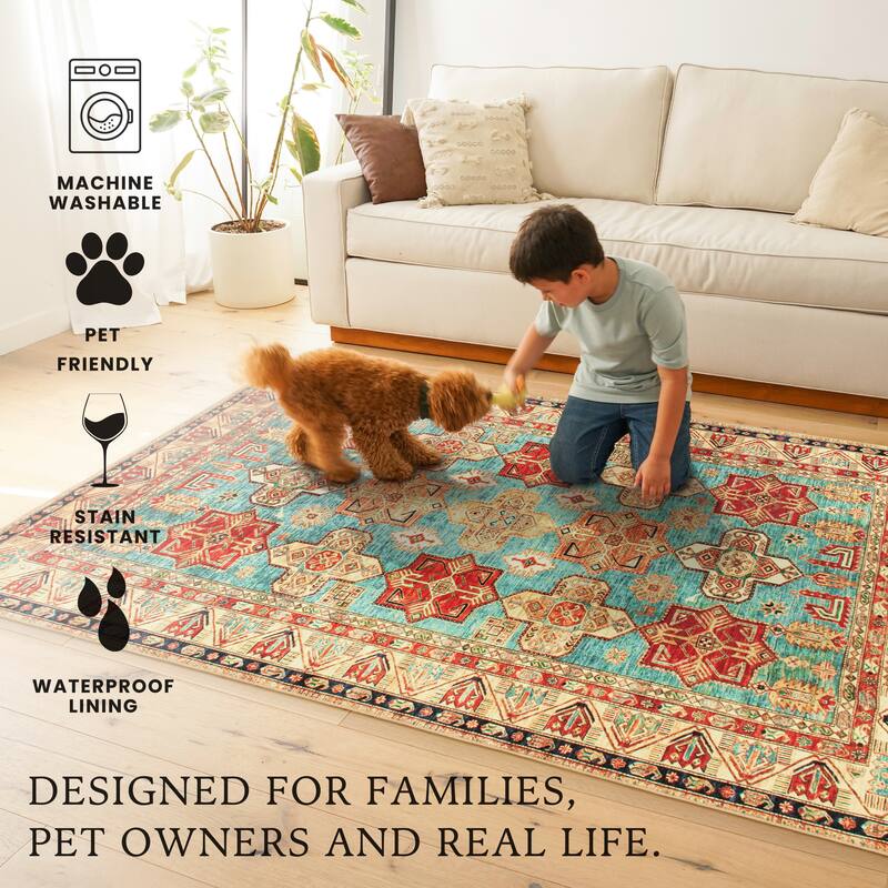 My Magic Carpet Turquoise Machine Washable Area Rug