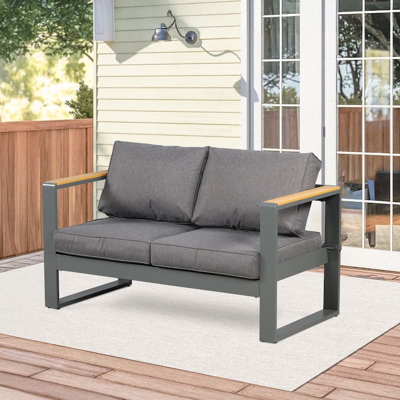Aoodor Outdoor Aluminum Frame Loveseat with Grey Cushions, 53"W x 26"D x 26"H - Grey