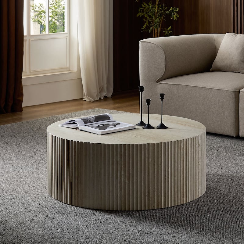 Faux travertine Round Coffee Table with Eye-Catching Relief Design, Travertine