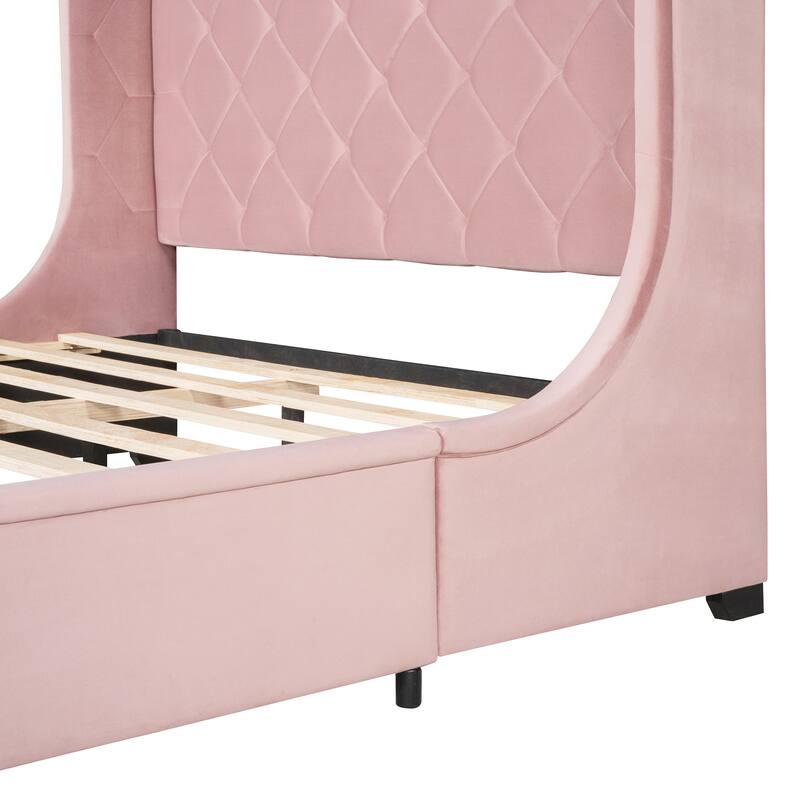 Velvet Upholstered Bed Platform Bed Frame Queen Size Wingback Bed with Tufted Headboard and Large Storage Drawer
