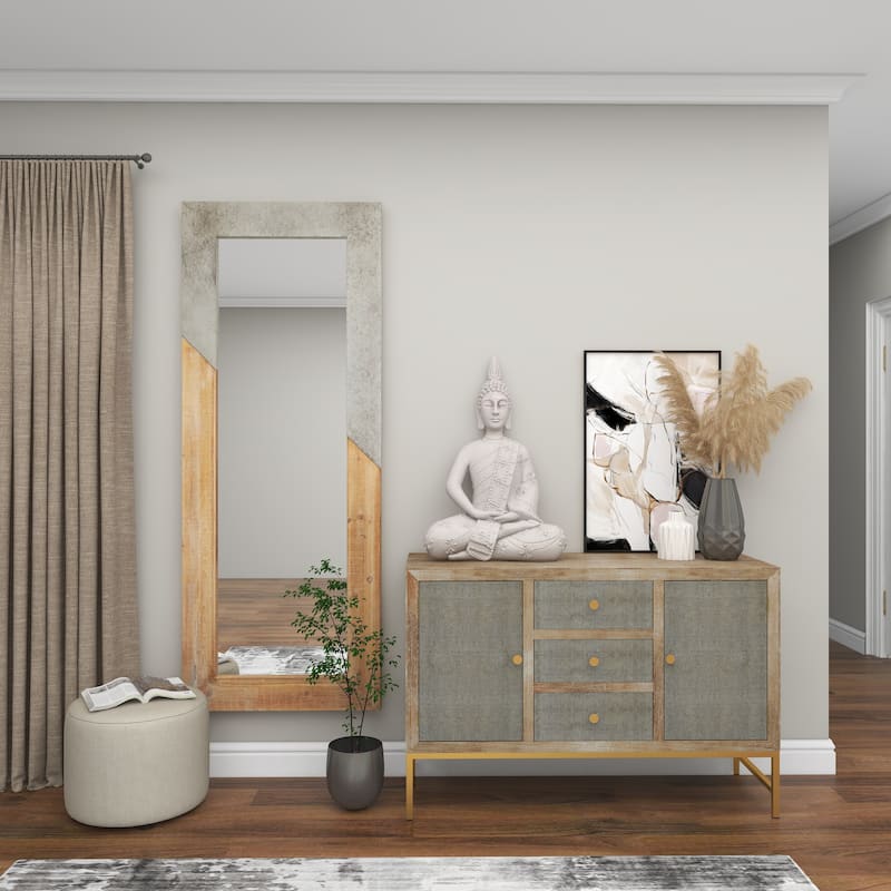 Gray Magnesium Oxide Indoor Outdoor Meditating Buddha Decorative Garden Sculpture with Floral Carvings and Beaded Details