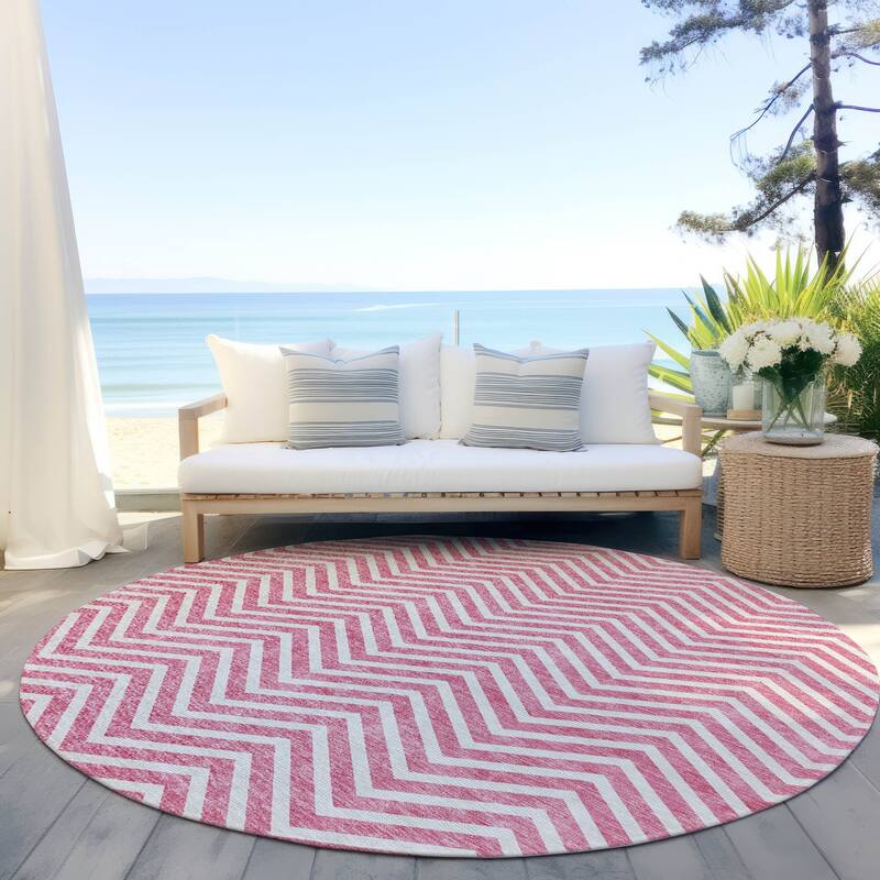 Machine Washable Indoor/ Outdoor Chantille Chevron Stripe Rug - Pink - 8' x 8'