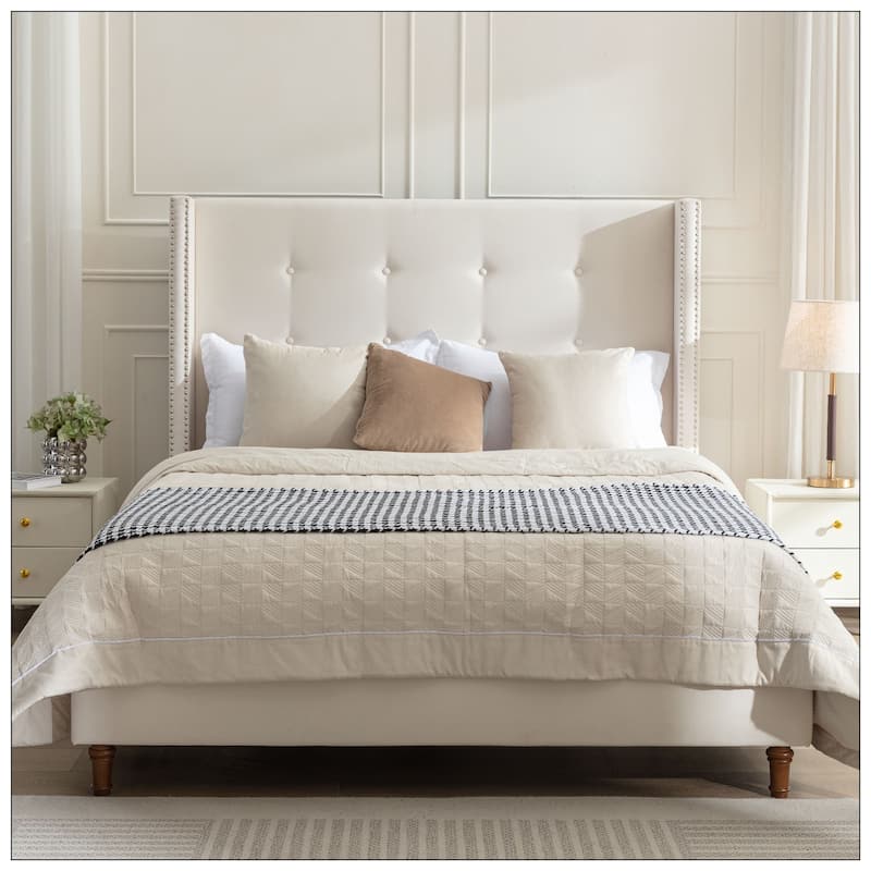54" High Wingback Headboard Upholstered Bed For Bedroom - Ivory Velvet - Queen
