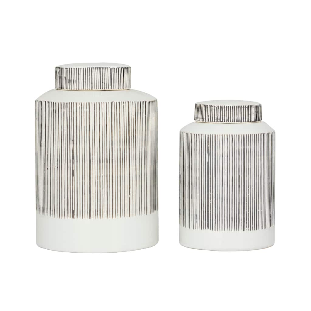 Ceramic Striped Decorative Jars - Set of 2 White - CosmoLiving by Cosmopolitan - 8"W x 8"L x 13"H