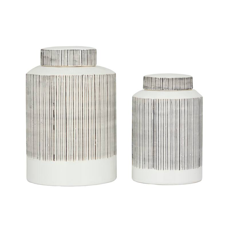 CosmoLiving by Cosmopolitan White Ceramic Striped Living Room Decorative Jars (Set of 2) - 8 x 8 x 13