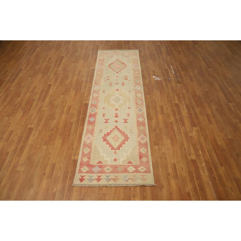 Hand Woven Oriental 100% Wool Carpet Southwestern Tribal Beige & Ivories Kilim Runner Rug - 10' 0'' X 2' 9''