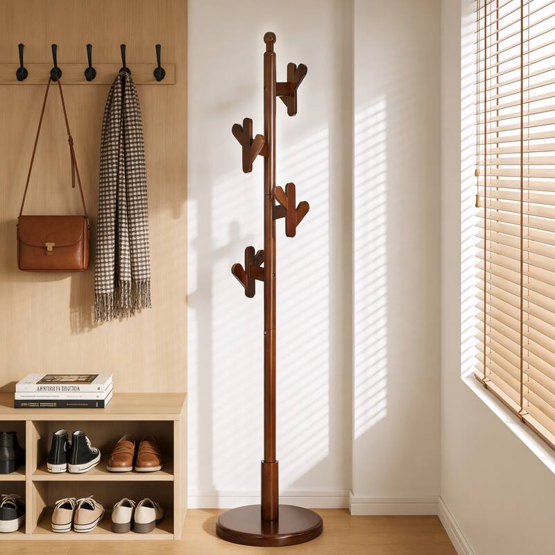 Solid Wood Coat Rack Freestanding Coat Tree Stand with 4 Creative Antler Hooks - 72"H x 15.7"W