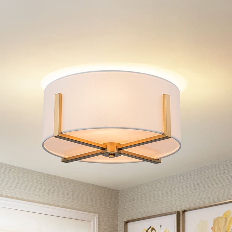 16.9''W 2-Light Drum Semi-flush Mount With White Fabric Shade - Brushed Brass