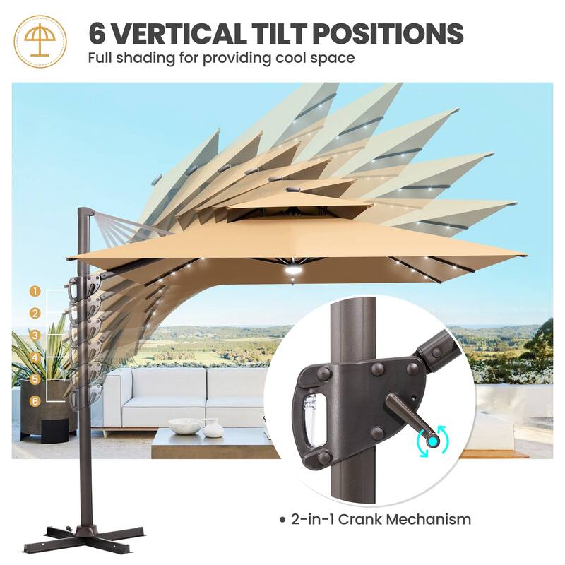 9 FT x 11 FT Outdoor Double Top LED Lighted Patio Cantilever Umbrella with Base