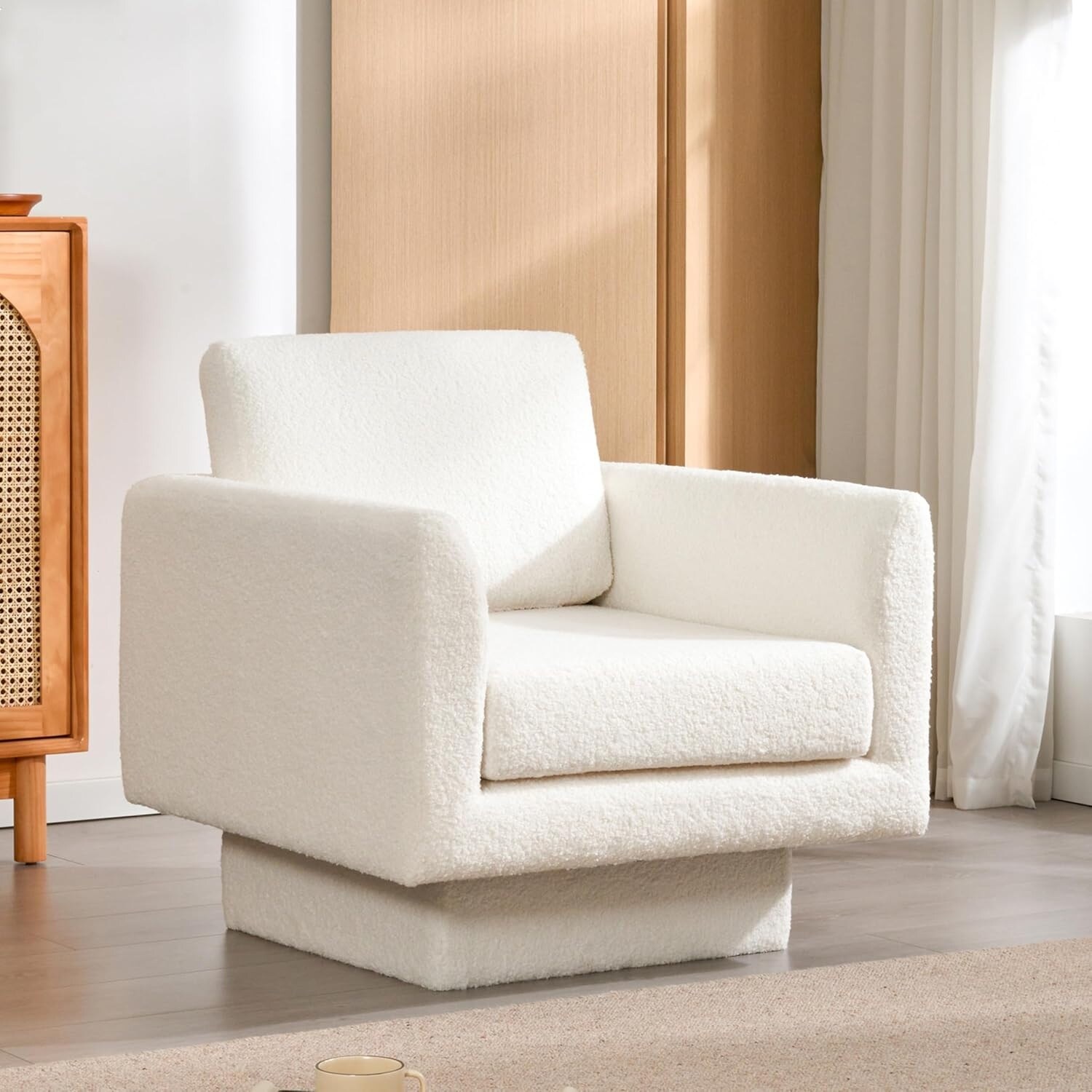 Roomfitters 360° Modern Swivel Accent Chair, Teddy Sherpa Round Armchair with Thick Padded Lounge Seat