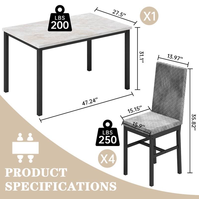 Grondin 5-Piece Dining Room Table Set with Faux Marble Table Top and Diamond Stitching Velvet Upholstery Dining Chairs