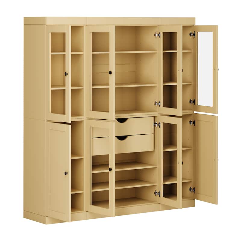 Palace Imports 100% Solid Wood 65" Pantry Cabinet with Clear Glass, Shaker Doors, 2-Drawers and Adjustable Shelves