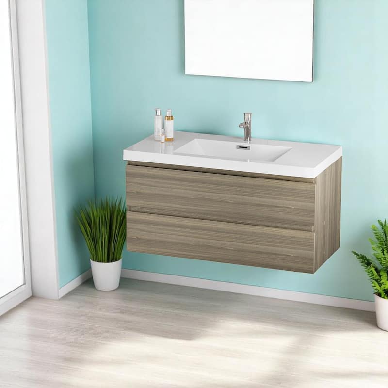 42" Floating Bathroom Vanity with Sink, Wall-Mounted Modern Storage Cabinet, Resin Countertop, Soft Close Drawers